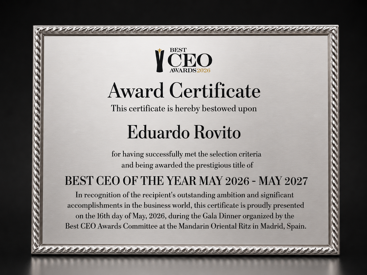 Certificado Best CEO Awards 2026 - Eduardo Rovito
